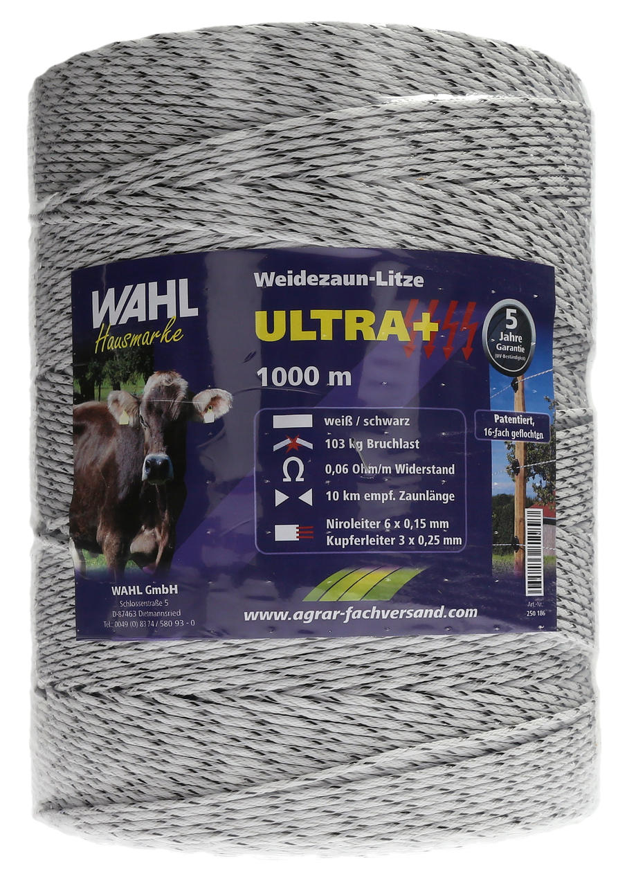 WAHL-Hausmarke Weidezaunlitze - ULTRA+ - 3 mm / 1000 m